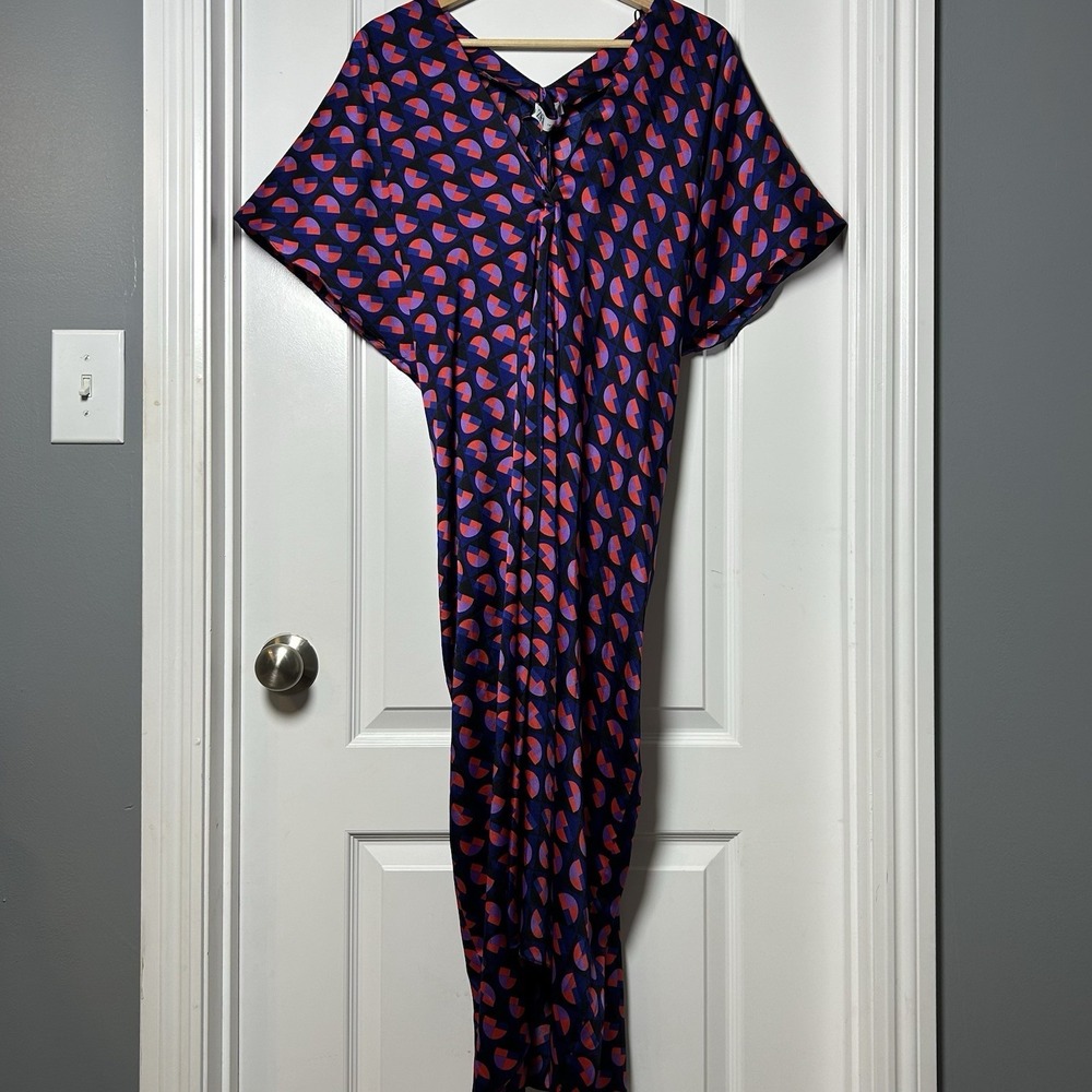 Zara Retro Geometric Print Silky V-Neck Kaftan Maxi Dress Mod Maximalist Style